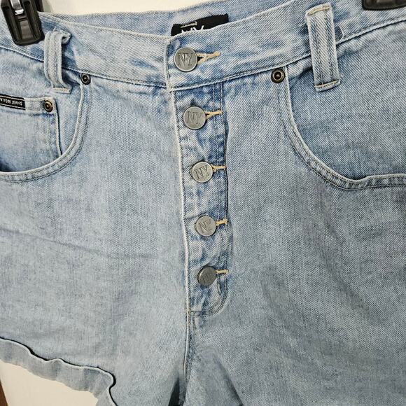 High Waisted Button Front Womens Shorts Sz 14 Large Light Blue Denim Rolled Hem - Picture 3 of 4